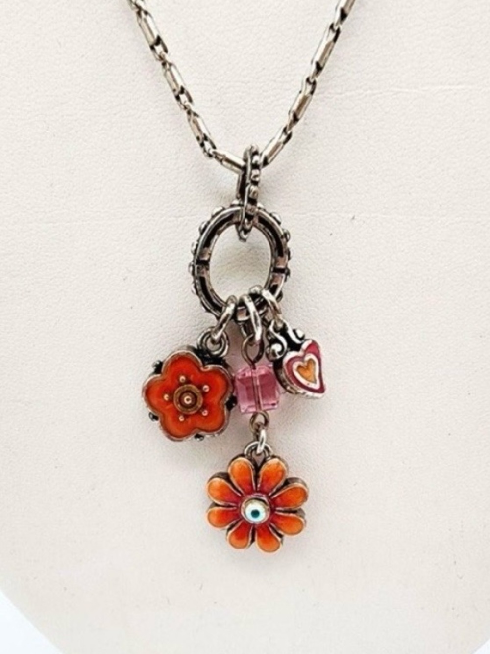 Brighton Cote D'Azure Orange/Red Enamel Flowers Crystals Charm Necklace.